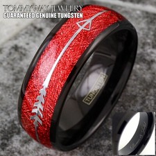 Personalized Engraved Black Tungsten Mens Ring Faux Red Meteorite Wedding Band