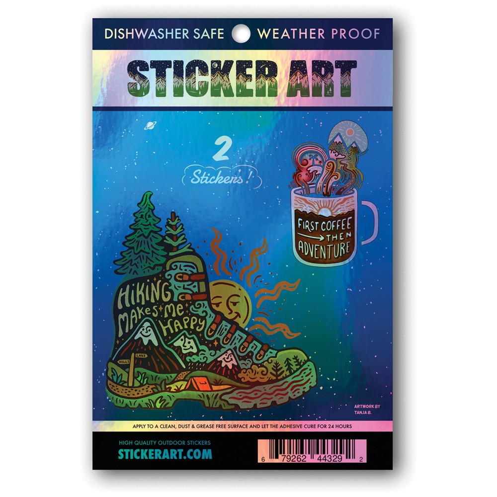 Holographic Sticker Art ''Hiking Makes Me Happy'' - Durable Vinyl, Weatherproof -