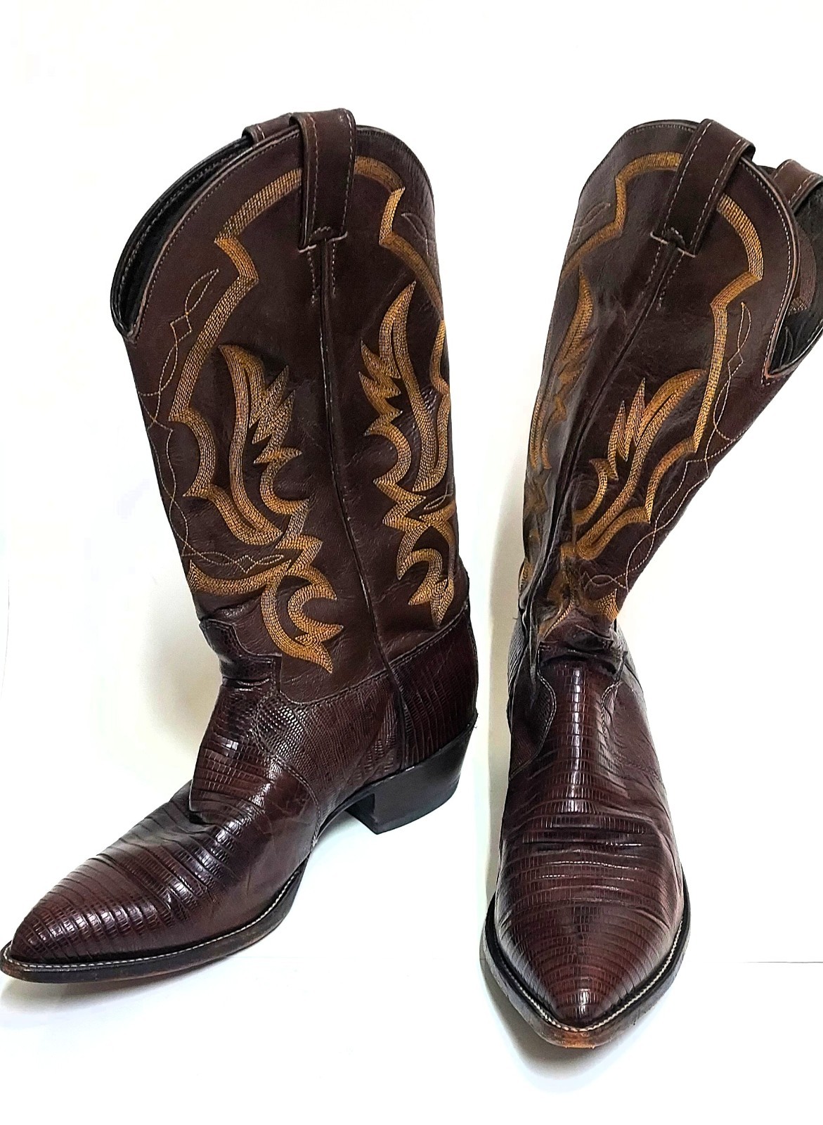 Vintage JUSTIN 8306 mens cowboy boots lizard embroidery pointy toe Sz 12 D