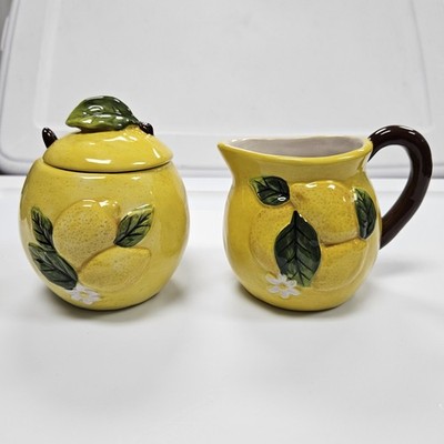 Blue Sky Lemons Ceramic Creamer w/Brown Handle & Sugar Bowl w/Lid & Brown Spoon
