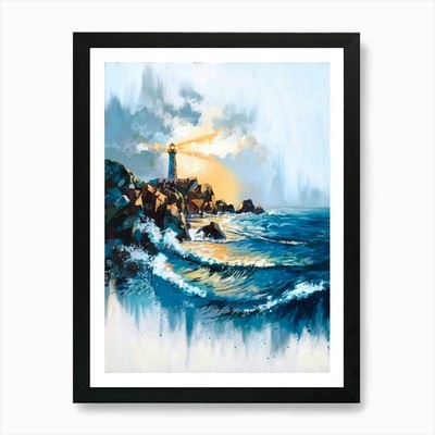 Leuchtturm bei Sonnenuntergang, Gemälde, Kunst gerahmt Wandbild Poster Leinwanddruck Bild