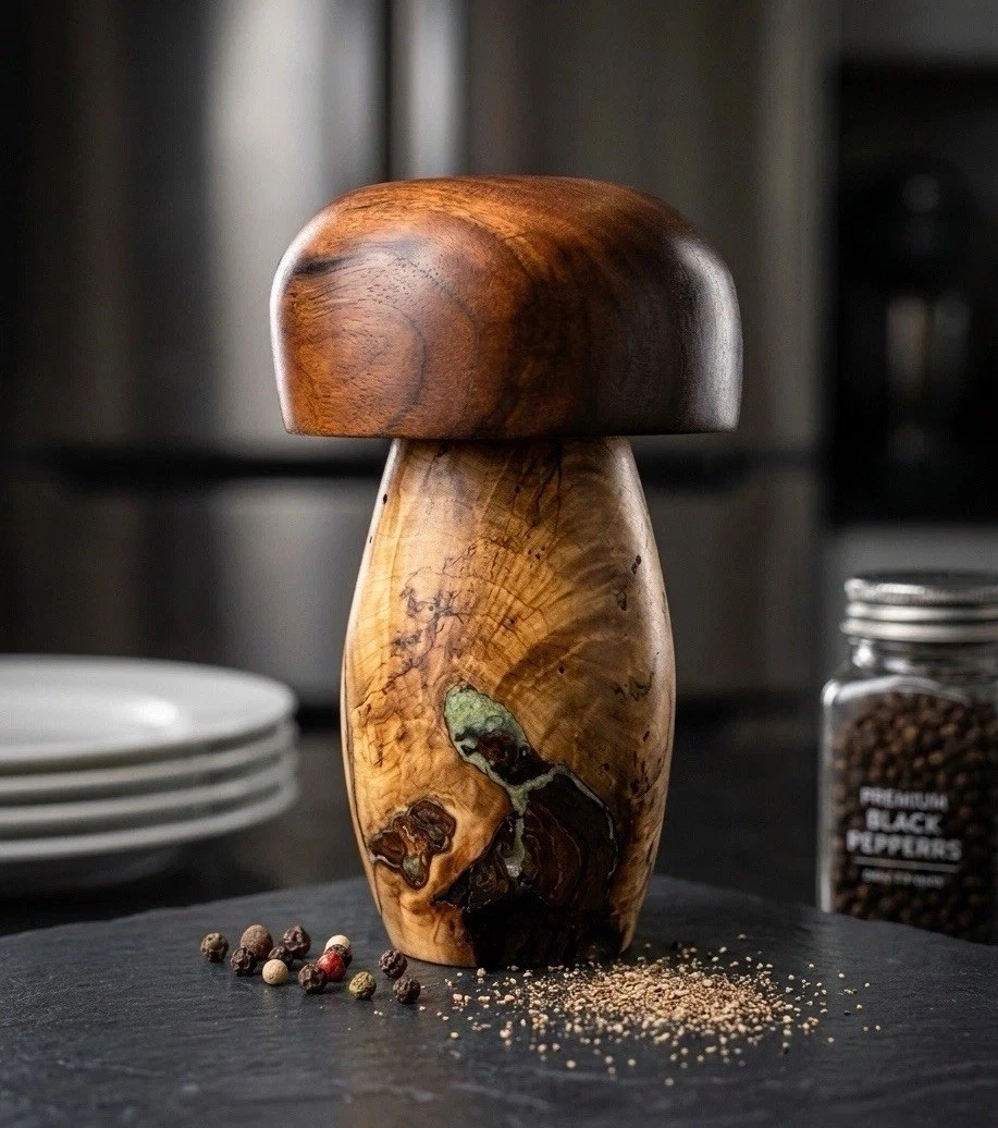 Brutalist Artisan Turned Wood Mushroom Pepper Mill 9” Spalted Burl CrushGrind