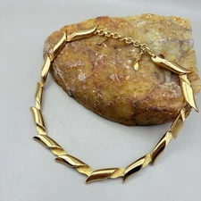 Vintage Monet Voy Gold Tone Necklace, 1980s Textured & Shiny Leaf Links