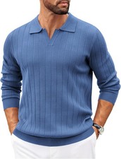 Mens Long Sleeve V Neck Knit Sweater Lightweight Casual Pullover Top for Fall