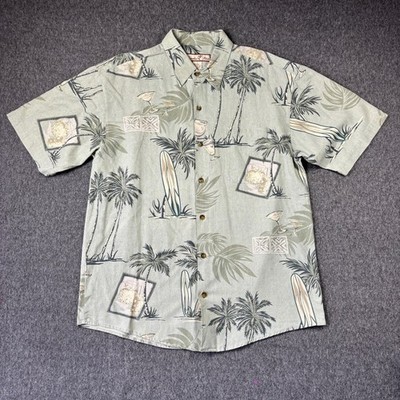 Paradise Blue Mens Silk Blend Martini Hawaiian Shirt Green Tropical Palm Tree L