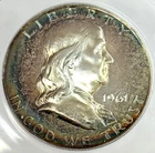 1961 US SILVER FRANKLIN HALF DOLLAR ANACS PROOF 63 *PERIPHERAL RAINBOW TONING