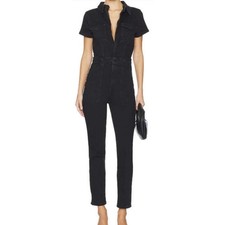 Good American Womens Fit For Success Jumpsuit Black Denim Short Sleeve Romper L
