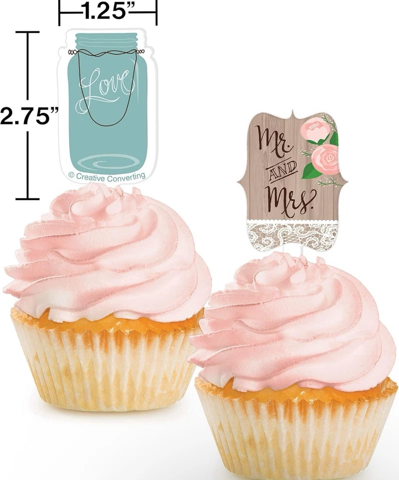 Rustic Wedding Bridal Shower Anniversary Party Decoration Cupcake Toppers - Image 2 of 3