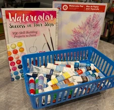 Watercolor Painting Bundle; Paints, Instructional Book, & Watercolor Paper