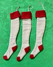 Lot 3 Primitive 11”Red/Muslin Fabric Skinny Stocking Xmas Ornament Vtg Farmhouse