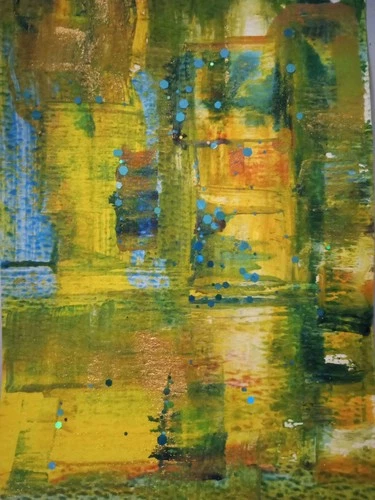 Abstract Art Original 5"x 7" Painting "The Lady Wants To Know" Greens Blues