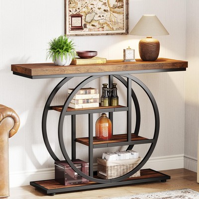 41.3 Console Table, Industrial 4-Tier Sofa Table Entryway Table with Circle B...