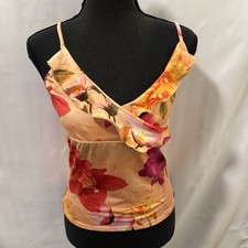 Y2K Evolution Floral Satin Cami Ruffle V-Neck Peach Orange Pink Vintage Cute L