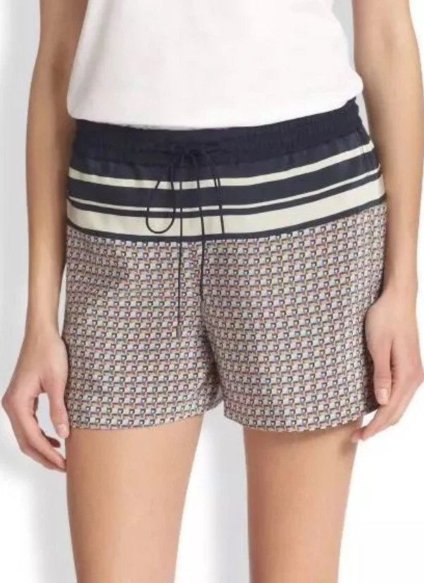 Pantalones Cortos Vince Border Print Costero Azul Marino Corbata Delantera Seda - Talla L L6041 Foto 2 de 4