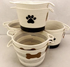 Case Lot of 8 Pet Toy Storage Baskets, Paw Print & Bone Designs, Rope Handles