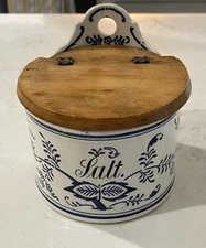 Germany Blue Onion Hanging Salt Box & Wooden Lid Farmhouse Blue & White Vintage