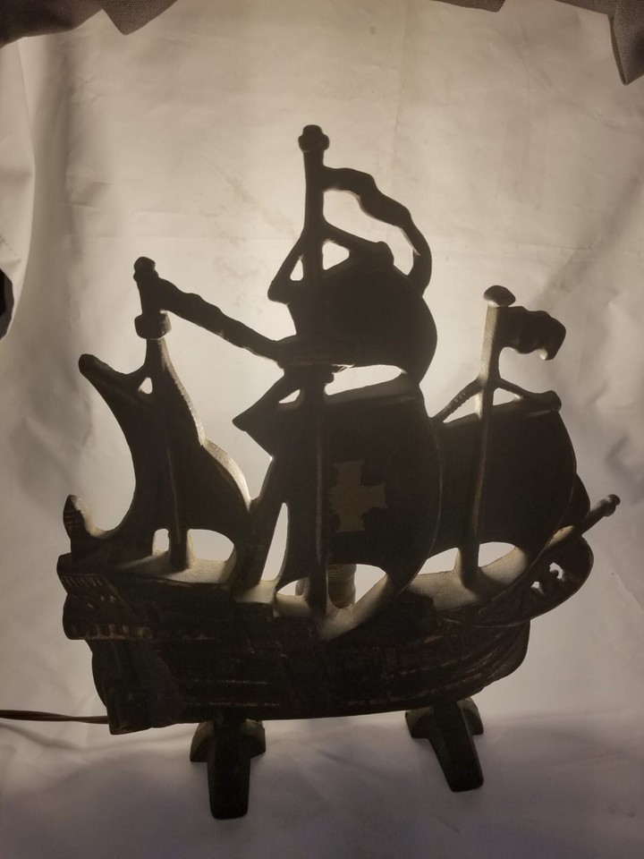 Vintage Sailing Ship Lamp Door Stop Cast Iron Spanish Galleon