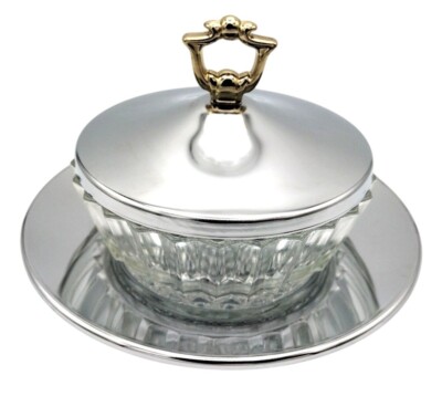Glass Sauce Bowl Chrome Lid Kromex Vintage 1960s Serving Dish Midcentury Dining