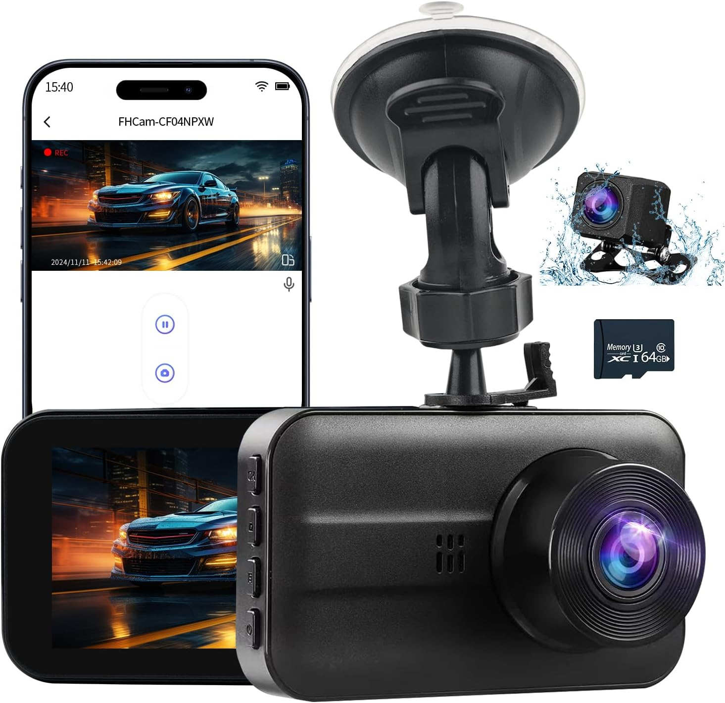 4K+2K Dual Dash Cam with 3 IPS Screen Wi-Fi App Control Front and Rear
