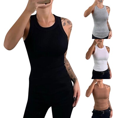 Womens Solid Color Round Neck Vest Sleeveless Tight Tank Tops Summer Casual Tee