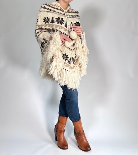 J.Crew Womans Poncho Wool Retro Vintage One Size Off-White Tan Brown Hood - Picture 10 of 12