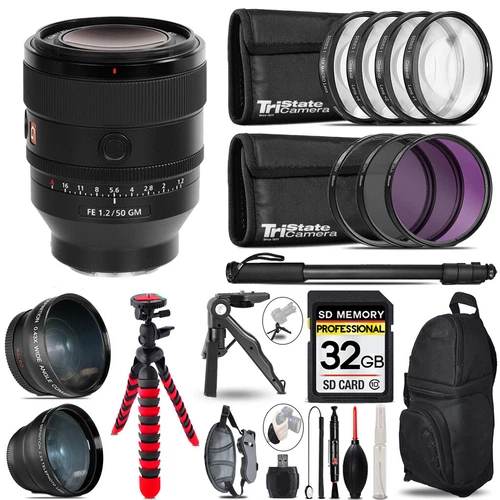 Sony FE 50mm f/1.2 GM Lens (Sony E) -3 Lens Kit +Tripod + Backpack - 32GB Kit