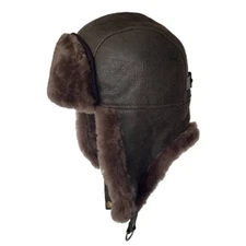 Brown  Genuine Shearling Leather Trapper Ushanka  Hunting Hat Aviator  XL