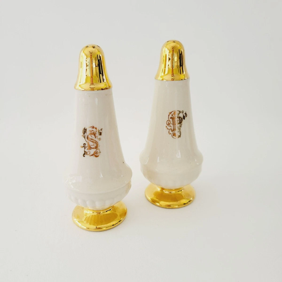 Vintage Gold & White Salt and Pepper Shakers, Fancy Salt and Pepper Shakers