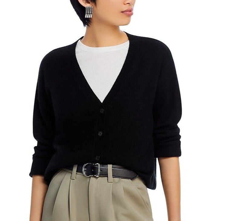 C Designer 100% Cashmere V Neck Black Cardigan Sweater -size Medium -retail $178