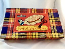 Vintage Child  s Embroidery Box Complete Deluxe Educational Games Playtime Napkin