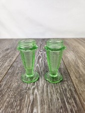 Jeannette Etched Cherry Blossom Green Glass Salt Pepper Shakers Vintage Set RARE