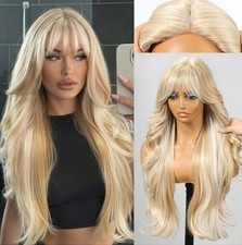 Long Platinum Blonde Wig HD Front Lace Human Hair Blend Highlights Wavy Curly