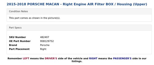 2015-2018 PORSCHE MACAN - Right Engine AIR Filter BOX / Housing (Upper) - Picture 4 of 5