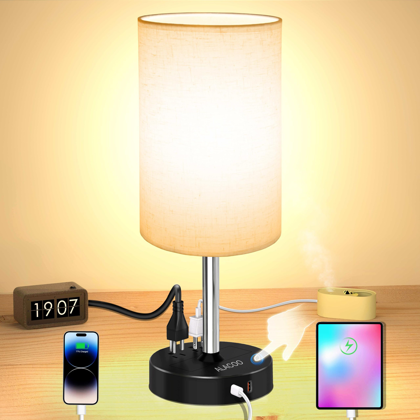 Touch Control Bedside Lamp with USB-C/A Ports & 2 AC Outlets for Convenient Charging and Lighting