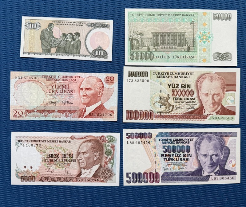 Turkey Banknotes Ataturk Inflation Lira 6 Notes 10-500000 Mixed Grades