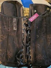 Women's Black Corset W / Lace-up back, Clips, Boning, Brocade print, Size L