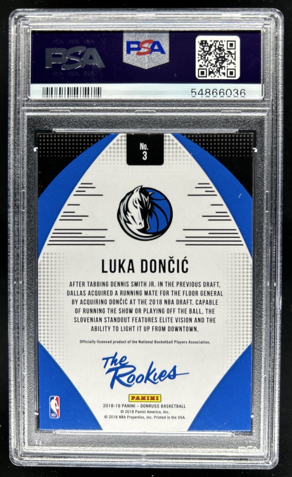 2018-19 Panini Donruss Luka Doncic The Rookies Press Proof RC #3 Mavericks PSA 9 view 2