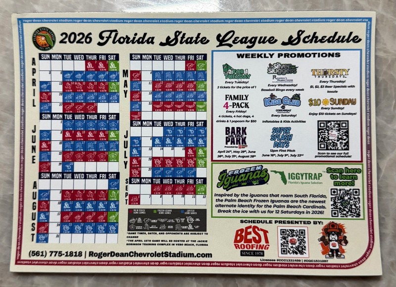 2026 Palm Beach Cardinals and Jupiter Hammerheads MiLB Schedule Magnet