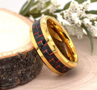 Stylish Gold Tungsten 8mm Ring for Women Featuring Red Carbon Fiber Accent Band