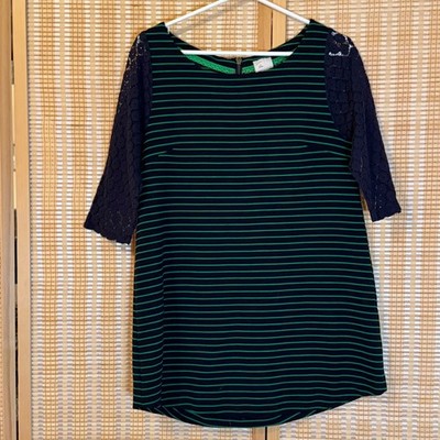 Anthropologie Postmark Striped Lace Sleeve Shift Dress Navy Green Medium Boho
