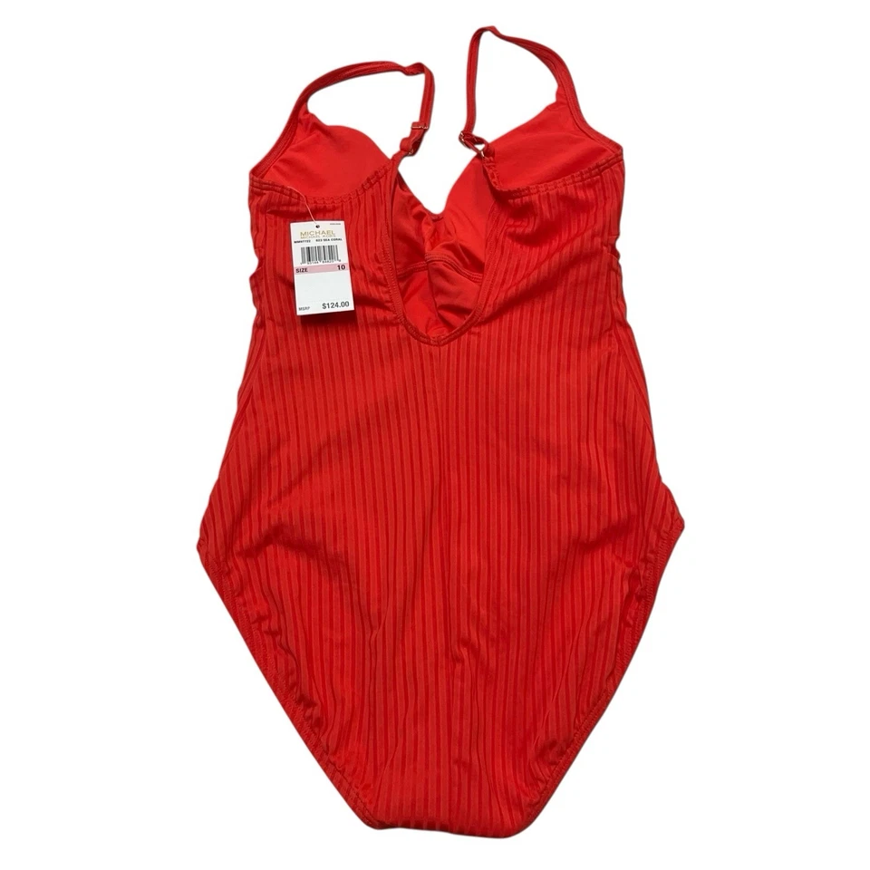Traje de baño Michael Kors para mujer 10 coral naranja icónico faja anillo logotipo acanalado resort Foto 2 de 4