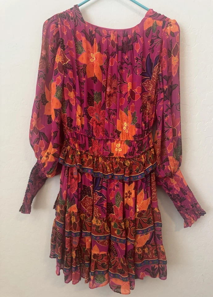 Farm Rio X Small Dress Tropical Floral Bright Tiered Pink LS Boho Ruffle Cruise - Image 2 of 4