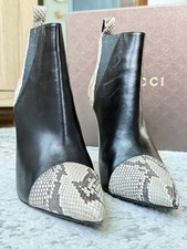 GUCCI Daisy 388307 Roccia Python Black Leather Cap Toe Stiletto Ankle Boots US 8
