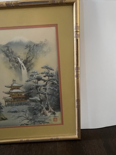 Bellissimo paesaggio ponte seta giapponese vintage con cornice bambù metà secolo - Foto 4 di 6