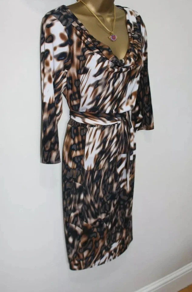 Matthew Williamson Bodycon Leopard Dress 12 UK Cowl neck 3/4 Sleeve Belted Xmas - Image 3 of 4
