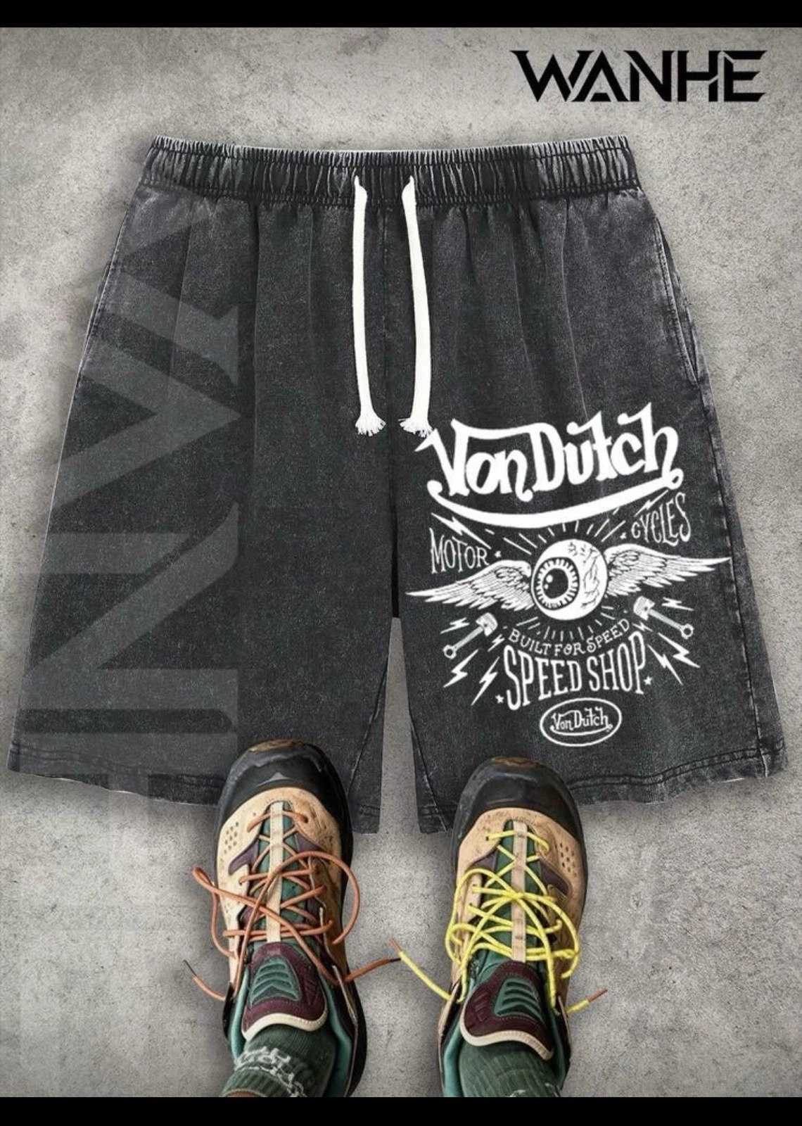 Von Dutch Black Graphic Drawstring Sweat Shorts with Patch Pockets for Men