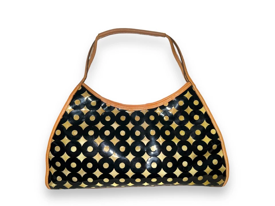 ERIC JAVITS 漆皮/薄色皮革钱包手提包/单肩包黑色/金色圆点 — 第 2/4 张图片