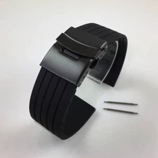 Rubber Silicone Replacement Watch Band Strap PVD Double Lock Steel Buckle Black