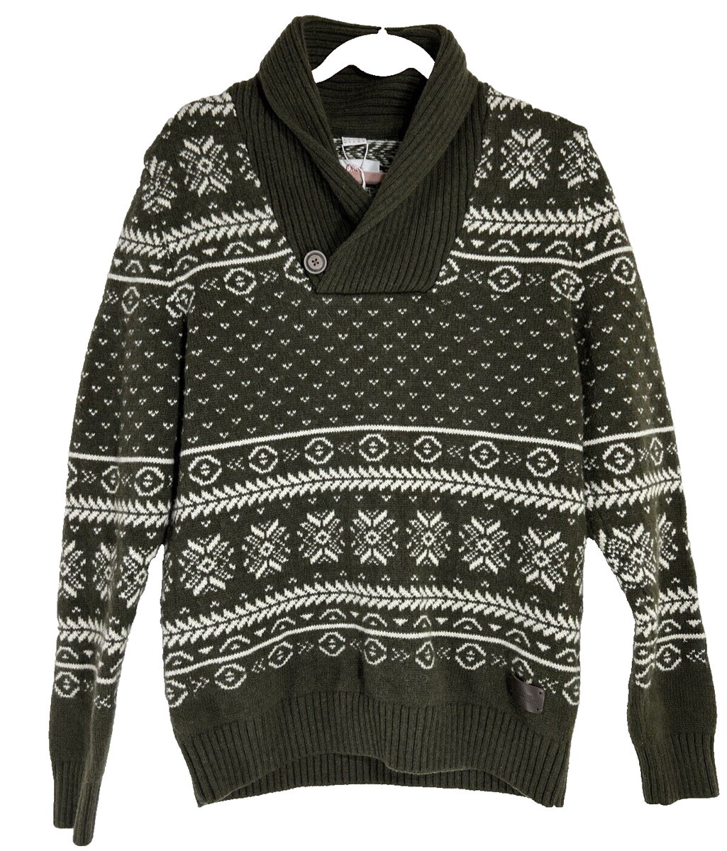 S OLIVER Mens Sweater MED Olive Green White Fair Isle Knit Ribbed Hem Collar