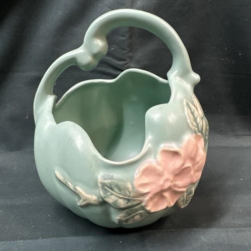 Weller Pottery Wild Rose Basket Matte Green Pink Bowl